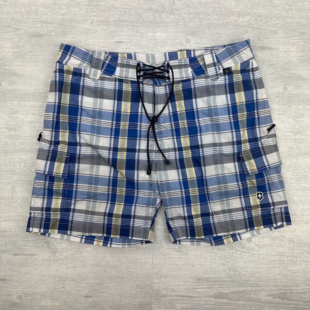 Victorinox Swim Shorts Mens‎ Large Blue Tartan Plaid Swim Trunks Swiss Army
